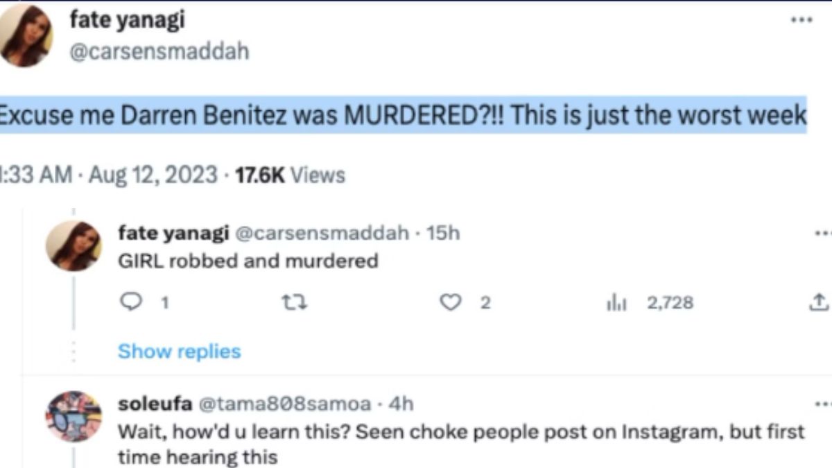 Screenshot of Twitter post that said Darren Benitez was murdered